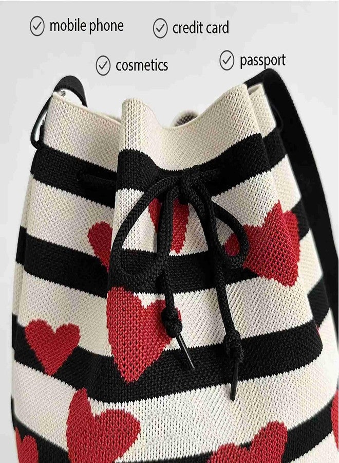 Winatehr crochet heart drawstring knit bucket bag, small cute crossbody for women trendy, casual stripe everyday shoulder korean bags - Image 5